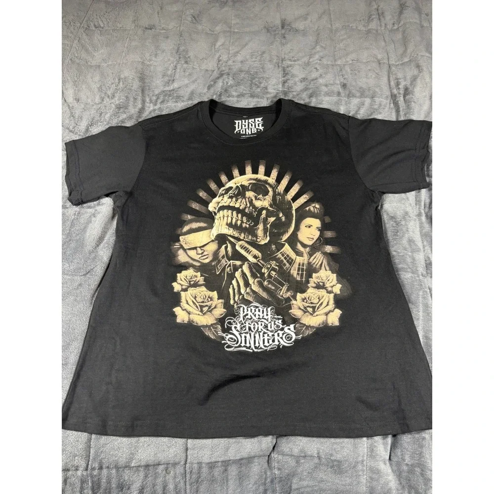 Dyse One Mens Pray For Us Sinners Skull Roses Graphic T-Shirt Black 2XL 6601